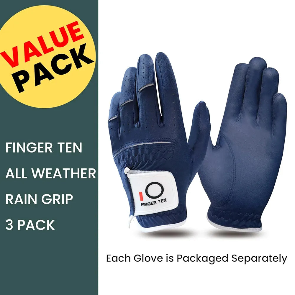 FINGER TEN Golf Gloves Men Left Hand Rain Grip Glove for Right Handed Golfer Value 3 Pack, All Weather Durable Grip Size Small Medium Large XL White Black Blue