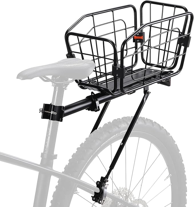 Rear Bike Rack with Basket, 165 LB Load - Aluminum Alloy Cargo Rack for Back of Bike with Free Bungee Cord & Waterproof Cover & Installation Tool