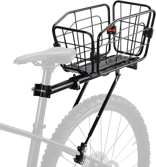 Rear Bike Rack with Basket, 165 LB Load - Aluminum Alloy Cargo Rack for Back of Bike with Free Bungee Cord & Waterproof Cover & Installation Tool
