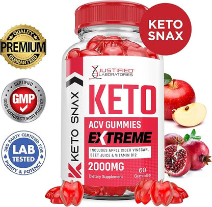 Keto Snax Keto ACV Gummies Extreme 2000MG Keto Snax Keto Gummies Advanced Formula Apple Cider Vinegar with Pomegranate Beet Juice Powder B12 Vegan Non GMO 60 Gummys