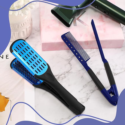 CHENGU 2 Pcs Straightening Comb For Hair, Boar Bristles Clamp Double Sided Brush Hair Straightening Brushes Comb Flat Iron Styling for Knotty Unkempt(Blue, Black)