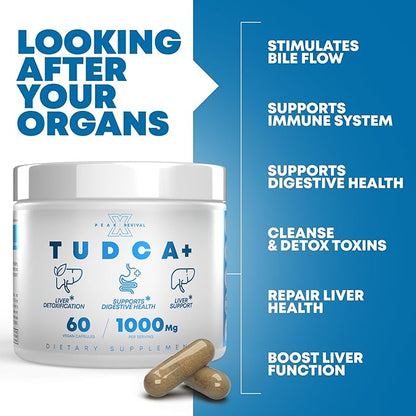 TUDCA+ 1000mg Bile Salt Supplement for Liver Support, Detoxification, Digestive Health, Inflammation, and Skin Health - Made in The USA (60 Vegan Capsules)