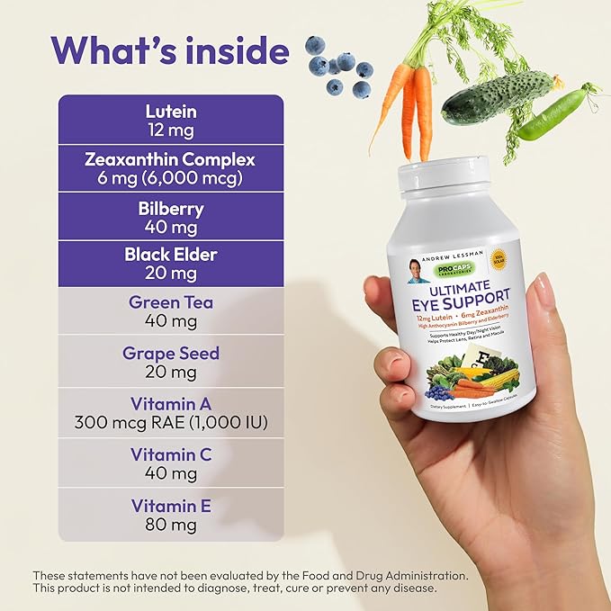 ANDREW LESSMAN Ultimate Eye Support 60 Softgels - 12mg Lutein, 6mg Zeaxanthin, Bilberry, Key Nutrients to Support Eye Health and Promote Healthy Vision. No Additives. Easy to Swallow Softgels