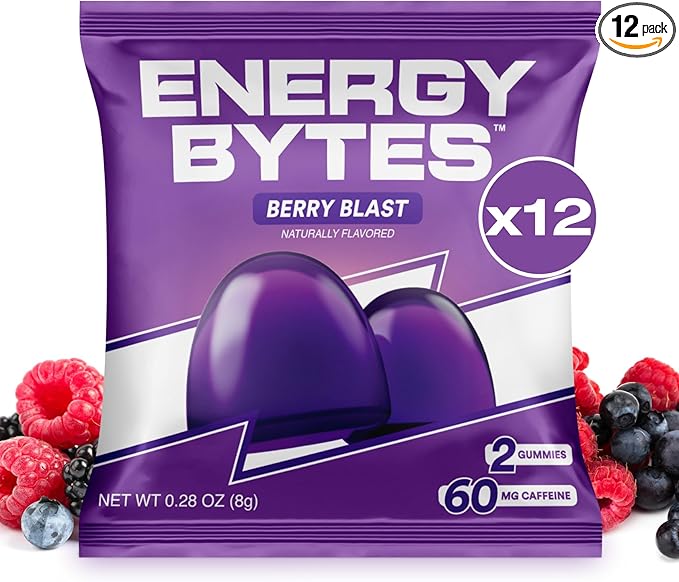 Energy Bytes Caffeine Gummies | Instant Energy Chews for Running, Cycling and Sports Performance | Vegan, Low Sugar | Berry Blast (12-Pack)