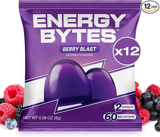 Energy Bytes Caffeine Gummies | Instant Energy Chews for Running, Cycling and Sports Performance | Vegan, Low Sugar | Berry Blast (12-Pack)