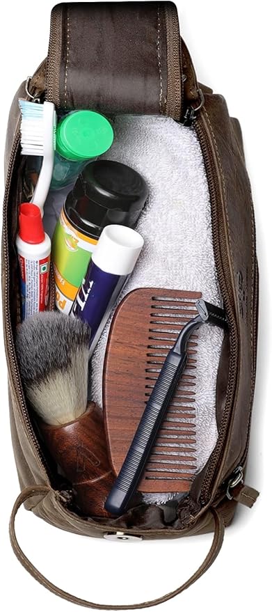 RUSTIC TOWN Buffalo Leather Toiletry Bag : Vintage Travel Shaving & Dopp Kit : for Toiletries, Cosmetics & More : Spacious Interior & Waterproof Lining : Compact, Fits Easily in Luggage