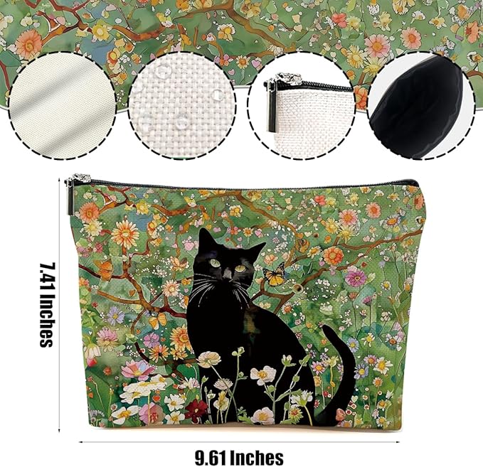 Floral Cat Makeup Bag Cat Gifts Cosmetic Bag Cat Lover Gifts for Women Girls Friend Daughter Cat Themed Gifts Cat Stuff Travel Organizer Zipper Pouch Graduation Birthday Friendship Gifts