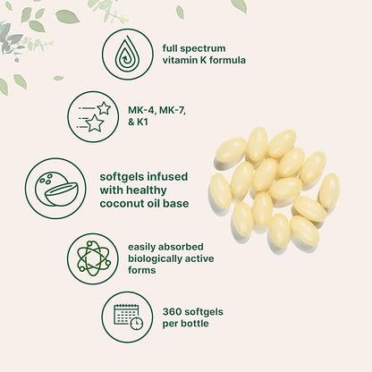 Micro Ingredients Super Vitamin K Complex (K2 MK7 + MK4 & K1), 360 Coconut Oil Softgles | Easily Absorbed K Vitamins, Active Menaquinone Complex | Immune, Joint, & Heart Support | Non-GMO