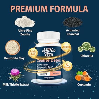 2300 MG Zeolite Detox Capsules - Activated Charcoal & Bentonite Clay, Highly Absorbable Full Body Detox, Liver & Gut Detox Cleanse, Zeolite Clinoptilolite for Heavy Metal Detox （180 Capsules）
