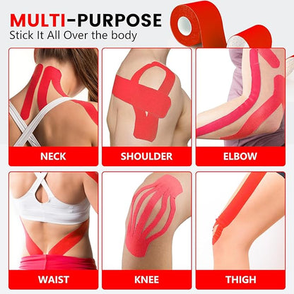 5 Rolls Kinesiology Tape, 2 inch x 16.4 Feet Waterproof Athletic Tape, Uncut Kinetic Tape, Muscle Tape, Sports Tape, Knee Tape for Exercise and Daily Use - Red