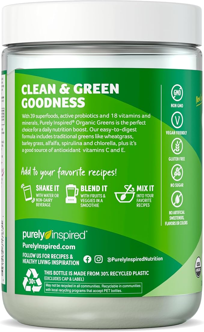 Purely Inspired Greens Powder Smoothie Mix Organic Greens Powder Superfood | Super Greens Powder Organic | Fruit + Veggie Superfood Powder | Green Smoothie Powder, 30 Servings (Package May Vary)