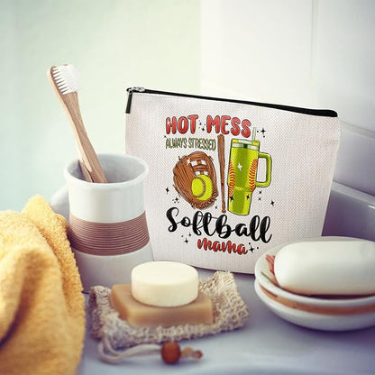 Hot Mess Always Stressed Softball MAMA Canvas Makeup Bag - Softball Accessories for Team Inspirational Gift for Softball Lovers Party Favors Stuff