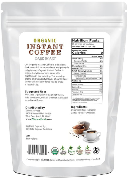 Organic Instant Coffee Powder, Dark Roast Delight, Rich In Immune-Supporting Antioxidants, Boosts Mood, Energy, and Memory, Enjoy Hot Or Iced, Gluten Free, Vegan, Non-GMO, 8 oz