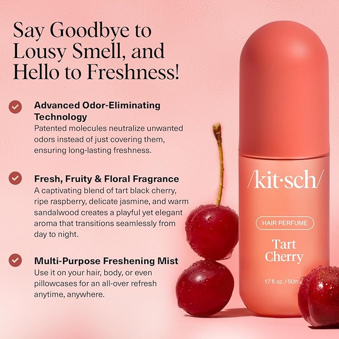 Kitsch Tart Cherry Hair Perfume For Women - Clean, Deodorizing, and Patented Odor-Eliminating Technology, Body Mist - Freshen Hair, Body & Pillows - Black Cherry, Raspberry, Jasmine, Sandalwood - 50ml