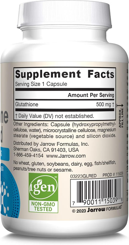 Jarrow Formulas Glutathione Reduced 500mg- 60 Veggie Capsules- Intracellular Antioxidant- Quality Glutathione Supplements- Supports Recycling of Vitamins C & E- Non-GMO- Gluten Free- Vegan, Pack of 12