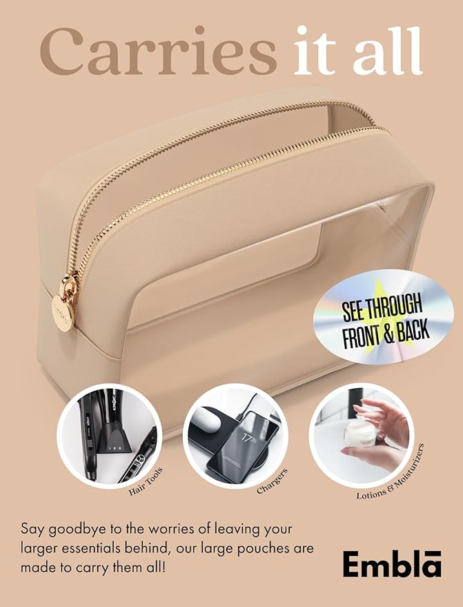 Clear Makeup Bag Zipper Pouch, Transparent Cosmetic Case Organizer, TSA Approved Travel Toiletry Case, Travel Accessories Essentials Makeup Tote for Women, Large Cute Make up Bag for Purse - Sand