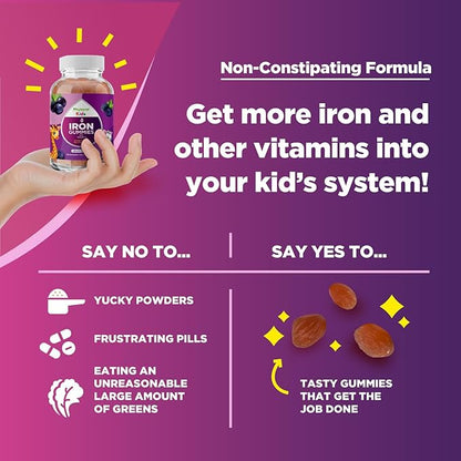 Tasty Kids Multivitamin with Iron Gummy - Gentle Iron Gummies for Kids and Toddlers with Vitamin C and B Complex - Non Constipating Iron Supplements for Kids - Vegetarian Non GMO Kosher Gluten Free