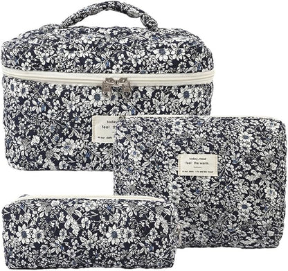 Quilted Makeup Bag Set 3 Pcs Cotton Cute Makeup Bags For Women Large Aesthetic Floral Cosmetic Bag Coquette Flower Makeup Pouch