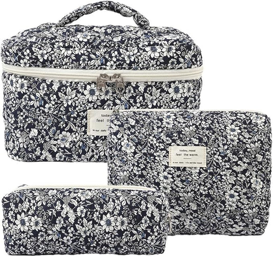 Quilted Makeup Bag Set 3 Pcs Cotton Cute Makeup Bags For Women Large Aesthetic Floral Cosmetic Bag Coquette Flower Makeup Pouch