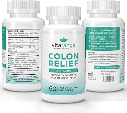 Colon Relief by VitaRange- Fast Constipation and Bloating Relief with Sunfiber Prebiotic Fiber and Pre + Probiotics for Digestive Health - 60 Chewable Strawberry Tablets – Doctor Formulated Probiotics