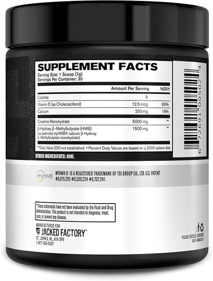 Jacked Factory Creatine Monohydrate + HMB - Creatine HMB Supplement & Lean Muscle Building Agent with Vitamin D - Increase Muscle Growth, Strength, Enhanced Energy - 30 Servings, Unflavoured