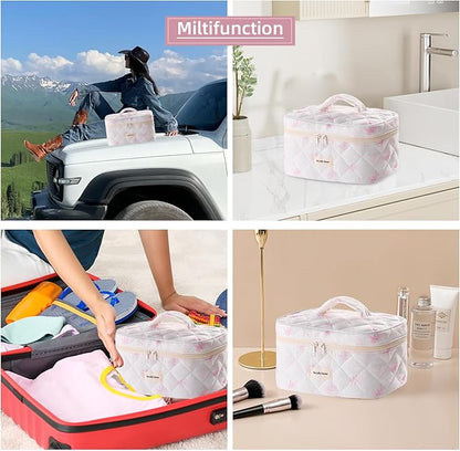Cute Pink Bow Quilted Makeup Bag, Large Capacity Travel Cosmetic Bag for Women and Girls, Aesthetic Storage for Daily and Travel Use (Pink Bow)