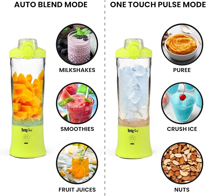 Total Chef Portable Blender - USB Rechargeable Personal Smoothie Mixer, Protein Shake Maker, Cordless Travel Mini Licuadora, Blend Frozen Fruit, Drink Milkshake On The Go, 20 OZ, Neon Green