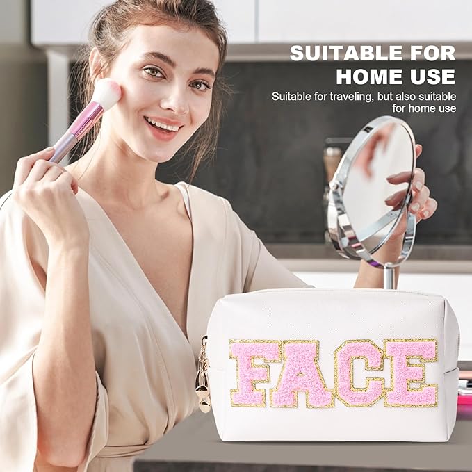 Face Bag Preppy Travel Makeup Bag Organizer Patch Large Varsity Stoney Clover Chenille Letter Cosmetic Toiletry Nylon Cute Preppy Bags PU Leather Waterproof Portable Pouch Storage Purse
