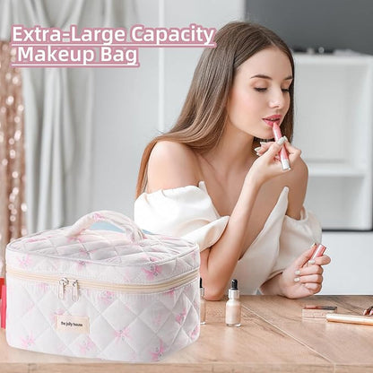 Cute Pink Bow Quilted Makeup Bag, Large Capacity Travel Cosmetic Bag for Women and Girls, Aesthetic Storage for Daily and Travel Use (Pink Bow)