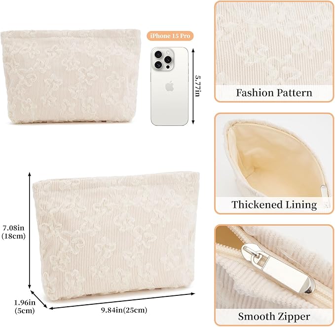 WOZEAH Floral Corduroy Makeup Bag for Purse Small Cosmetic Pouch,Stylish Zipper Make up Pouch Travel Canvas Toiletry Bags(Lace Embroidery 1)
