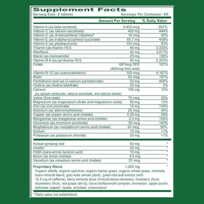 Life's Fortune Life's Energy Advanced Multi-Vitamin and Mineral Non-GMO - Super Greens - ORAC Berries - AntiOxidants - Enzymes - Iron Free - GMP Tested, 120 Veggi Tablets