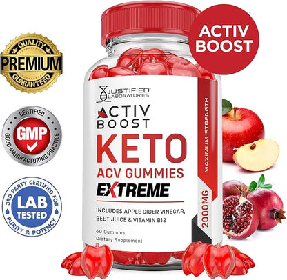 Activboost Keto ACV Gummies Extreme 2000MG Active Boost Keto Gummies Apple Cider Vinegar Activ Boost Formulated with Pomegranate Beet Juice Powder B12 Vegan Non GMO 60 Gummys