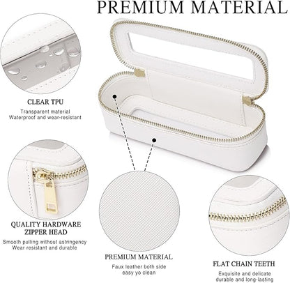 Makeup Brush Case Clear Travel Cosmetic & Toiletry Bag Slim Makeup Bag with Zipper Small Purse Organizer Car Essential Bag for Women (White, SLIM-3)