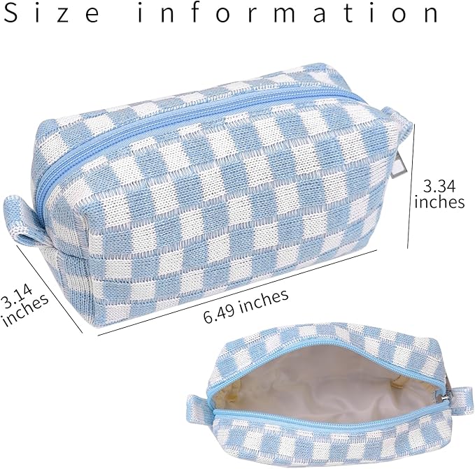Small Cute Checkered Makeup Bag - Portable Cosmetic Pouch with Zipper, Travel Toiletry Bag, Purse Organizer, Beauty Storage, Blue