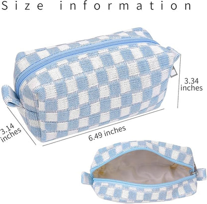 Small Cute Checkered Makeup Bag - Portable Cosmetic Pouch with Zipper, Travel Toiletry Bag, Purse Organizer, Beauty Storage, Blue