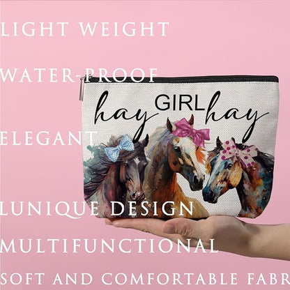Vintage Funny Horse Stuff Farm Animals Western Makeup Bag Graduation Mothers Day Birthday Horse Gifts for Girls Women Horse Lovers Equestrian Friends Daughter Sister Niece Cosmetic Bag Hay girls Hay