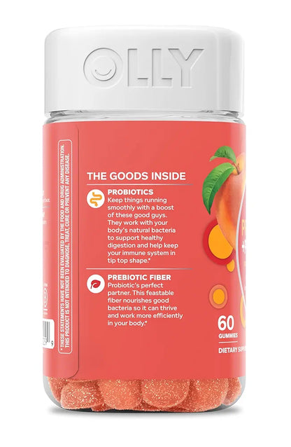 OLLY Probiotic + Prebiotic Gummy, Digestive Support and Gut Health, 500 Million CFUs, Fiber, Adult Chewable Supplement for Men and Women, Peach, 60 Day Supply - 60 Count