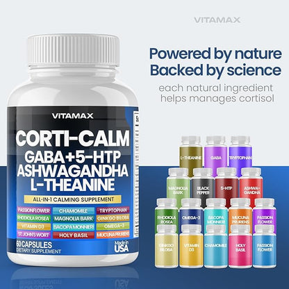 Corti-Calm Cortisol Supplement, L Theanine, Ashwagandha, Vitamin D 3, GABA for Relaxation, Fatigue & Focus with Ginkgo Biloba, Bacopa Monnieri, 5-HTP – Non-GMO, Made in USA – 60ct