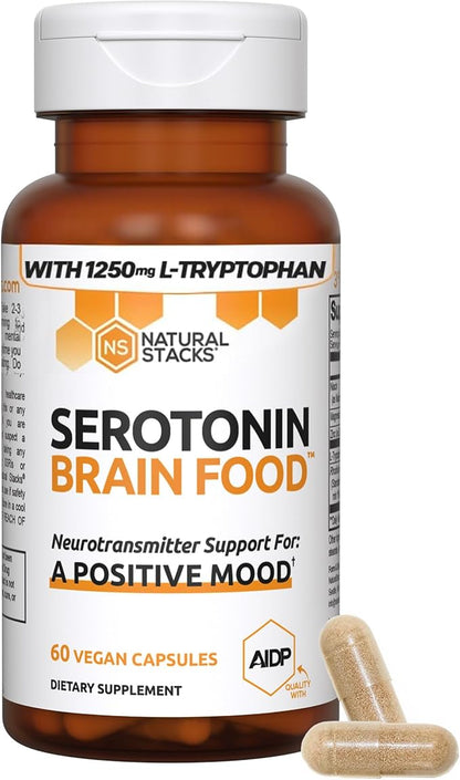 NATURAL STACKS Serotonin Brain Food w/L-Tryptophan & Rhodiola Rosea - Mood Support Supplement - Promotes Positive Mood, Calmness, Stress Relief - Happy Mood & Brain Support Supplement - 60 Capsules