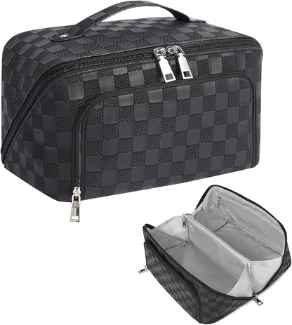 Travel Makeup Bag, Large Capacity Cosmetic Bags for Women, Waterproof Lining and PU Leather Portable Pouch, Open Flat Toiletry Bag, Make up Organizer with Divider & Handle (Black)
