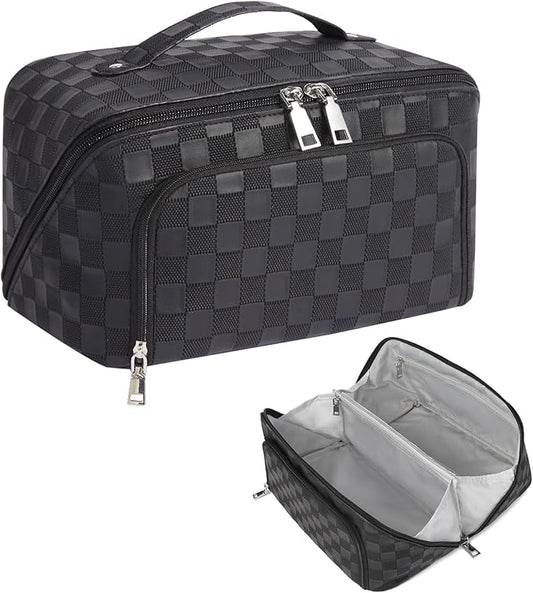 Travel Makeup Bag, Large Capacity Cosmetic Bags for Women, Waterproof Lining and PU Leather Portable Pouch, Open Flat Toiletry Bag, Make up Organizer with Divider & Handle (Black)
