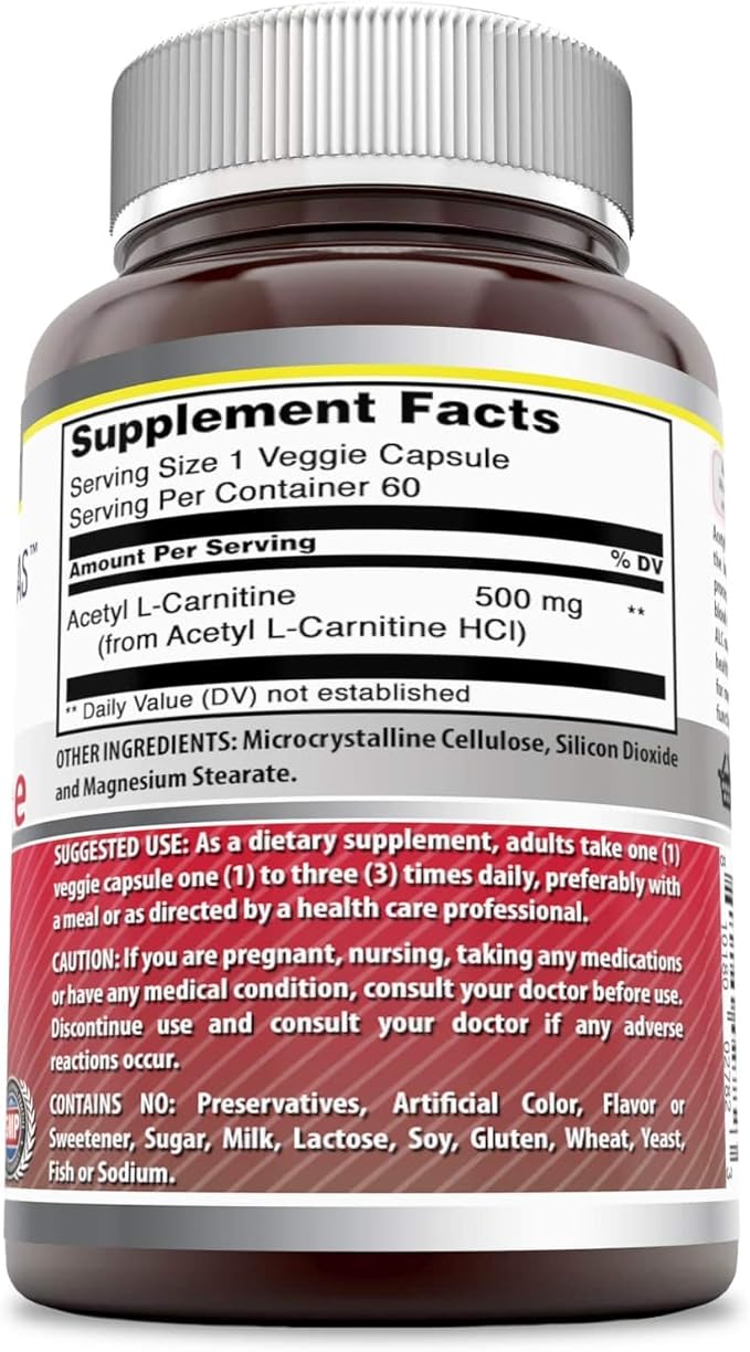Amazing Formulas Acetyl L-Carnitine Hcl Veggie Dietary Supplement - 500 Mg, Veggie Capsules (Non GMO,Gluten Free) Per Bottle - Promotes Energy Production & Cognitive Function (60 Count)