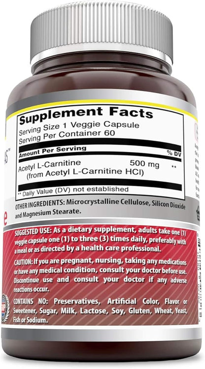 Amazing Formulas Acetyl L-Carnitine Hcl Veggie Dietary Supplement - 500 Mg, Veggie Capsules (Non GMO,Gluten Free) Per Bottle - Promotes Energy Production & Cognitive Function (60 Count)