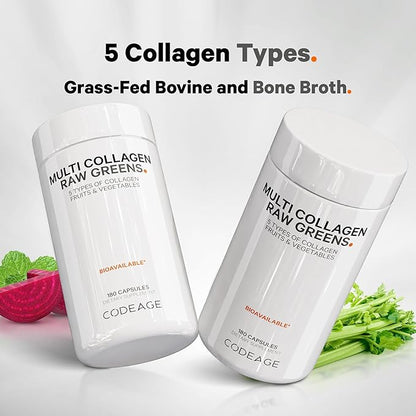 Codeage Multi Collagen Protein + Organic Raw Greens Superfood Capsules Supplement, 21 Fruits & Veggies, Grass-Fed Hydrolyzed Collagen Peptides, 5 Types All-in-One, 180 Count