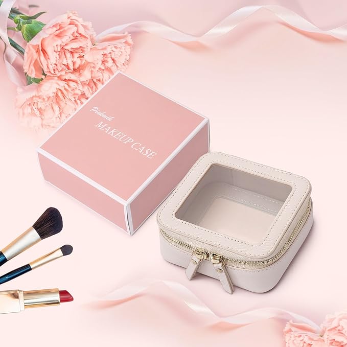 Small Makeup Bag Mini Clear Cosmetic Makeup Case & Toiletry Bag with Zipper Women's Purse Organizer & Car Essentials (Beige, MINI-3)