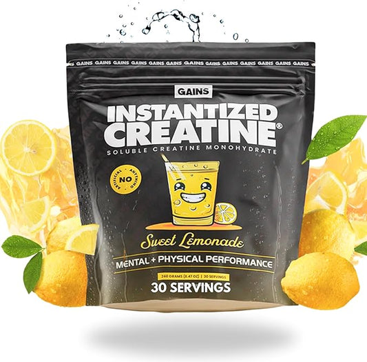 Gains in Bulk Instantized Creatine Monohydrate Powder - Pre Workout Supplement, Support Muscle Endurance, High Energy and Cognitive Function, 100% Soluble, No Bloating (30 Servings, Sweet Lemonade)