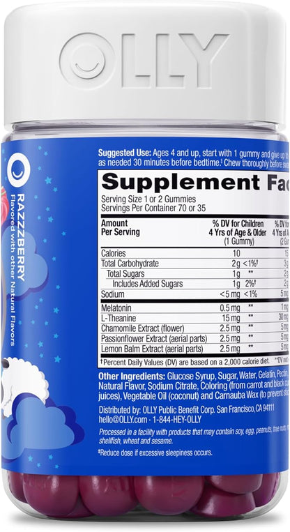 OLLY Kids Sleep Gummies, 0.5mg Melatonin, L Theanine, Chamomile, and Lemon Balm, Fall Asleep Faster, Raspberry - 70 Count