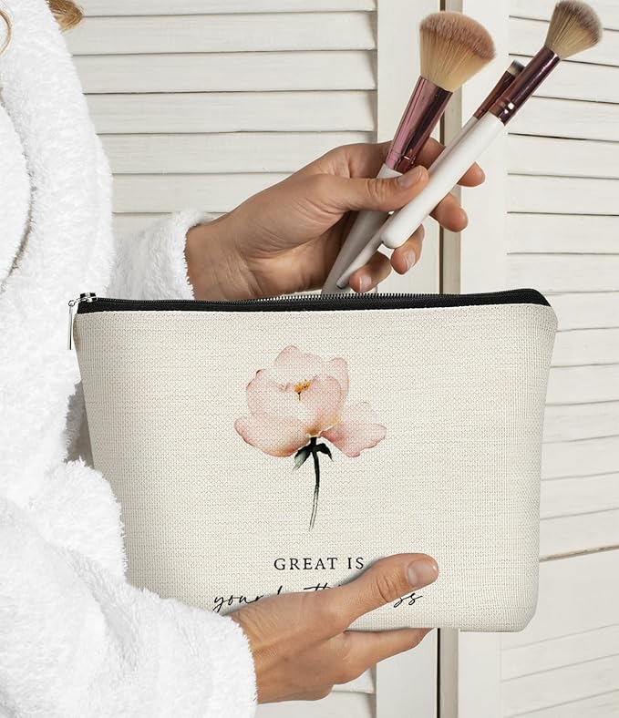 Christian Bible Scripture Great is Your Faithfulness Makeup Bag Cosmetic Pouch Zipper Travel Toiletry Bag,Watercolor Pink Flower Makeup Bag,Christian Gifts for Women Faith