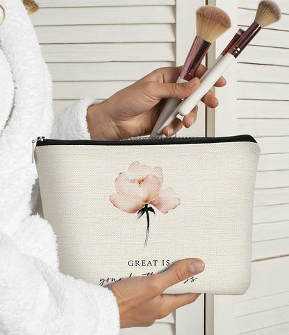 Christian Bible Scripture Great is Your Faithfulness Makeup Bag Cosmetic Pouch Zipper Travel Toiletry Bag,Watercolor Pink Flower Makeup Bag,Christian Gifts for Women Faith