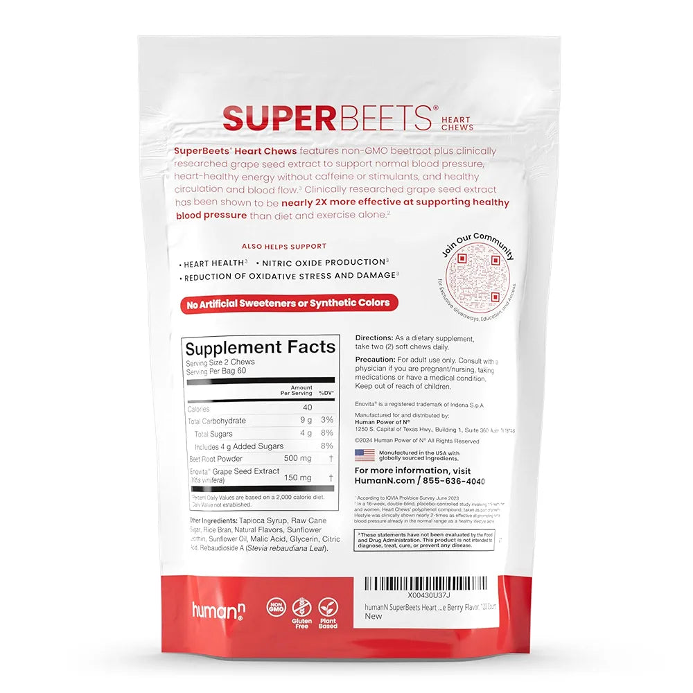 HumanN SuperBeets Heart Chews, Nitric Oxide and Blood Pressure Support, Grape Seed Extract & Non-GMO Beet Root Powder Energy, Pomegranate Berry Flavor, 120 Count